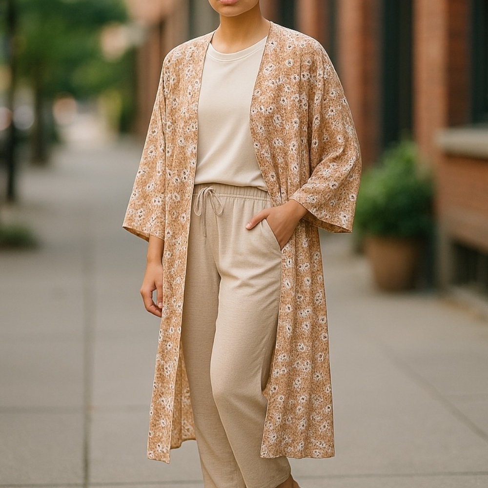 WILD FABLE Duster Kimono Top Floral Tan Open Front Sheer Boho Beach Summer OS